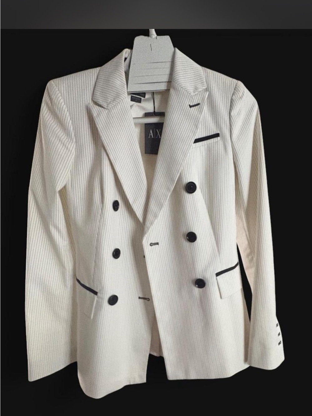 A/X Armani Exchange White Pinstripe Double-Breasted Blazer with Black Trim